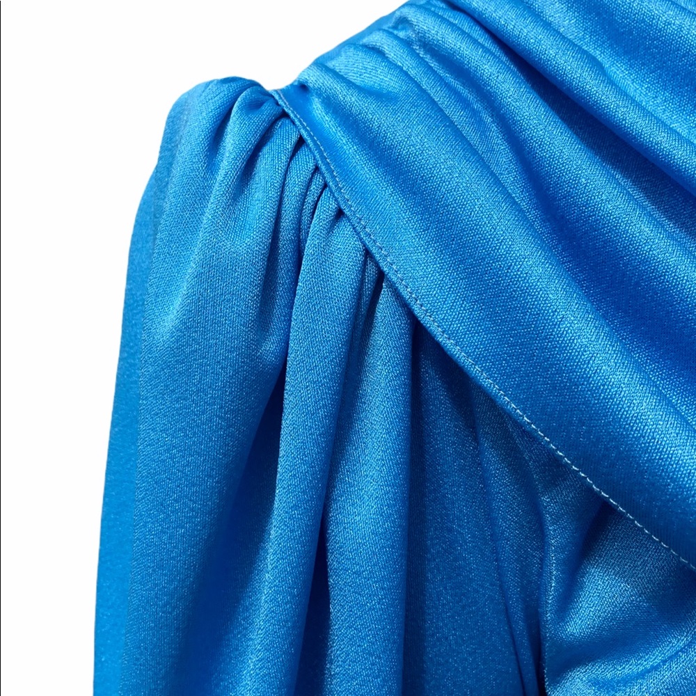 Vintage 70s Blue High Neck Draped Dress - Picture 3 of 9